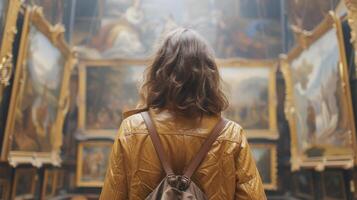 Man Observing Paintings in Museum photo