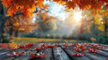 Wooden Table Covered With Leaves photo