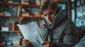 Man Reading Newspaper in Library photo