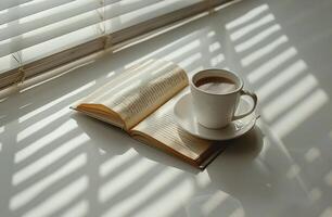 Coffee Cup and Open Book on Window Sill photo