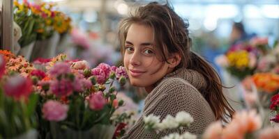 Woman Examining Flowers at Flower Shop photo