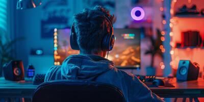 Man in Headphones at Mixing Desk photo