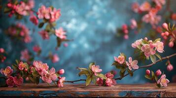 Wooden Table With Pink Flowers photo