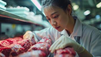 Chef Woman Standing by Meat photo