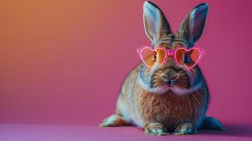 Rabbit Wearing Pink Glasses on Pink Background photo