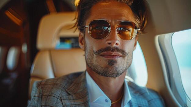 Man Sitting in Airplane, Looking Out Window photo