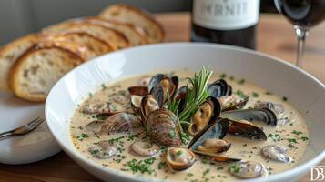 Bowl of Soup With Mussels and Parsley photo