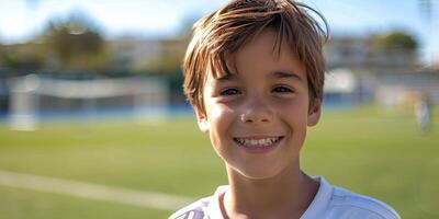 Young Boy Standing in Front of Soccer Goal photo