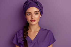 Female Nurse in Scrubs Standing in Front of Purple Wall photo