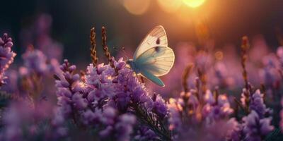 Butterfly Flying Over a Field of Purple Flowers photo