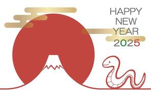 2025, Year Of The Snake, New Years Greeting Card Template With A Snake Mascot, Mt. Fuji, And The First Sun In The New Year. vector