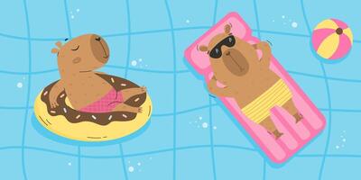 Funny capybaras floating in swimming pool vector