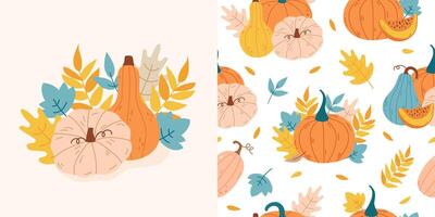 Cute pattern with pumpkins and autumn leaves vector