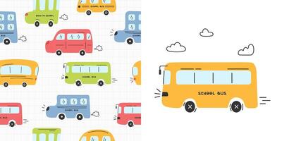 Seamless pattern with hand drawn school buses vector