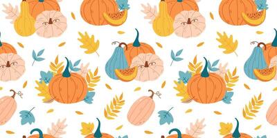 Seamless pattern with pumpkins and autumn leaves vector