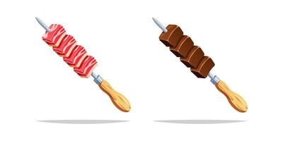 Skewer raw and grilled meat isolated on white background. vector