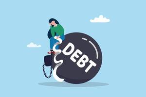 Debt or NPL problem, loan or lending crisis, overspending mistake causing debt burden, recession or bankruptcy, credit default concept, young woman with overdue bill payment chained with debt burden. vector