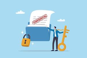 Confidential document, privacy protection or secret secured lock, safety or security to archive file or document, accessibility control concept, businessman lock document file folder with padlock. vector