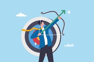 Target, goal or business objective, growth or achievement, aiming for purpose, ambition or aspiration to success, leadership or skill to achieve target concept, businessman archery aim to hit target. vector