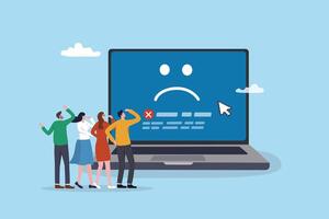 Computer outage, error or failure causing by software update mistake, operating system crash or cyber attack, server down or technical issue concept, people victims looking at computer laptop outage. vector