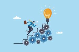 Best practices development, strategy to success or improvement, planning, progress or implementation process, efficiency or productivity concept, businessman running up stair on cogwheel gears system. vector