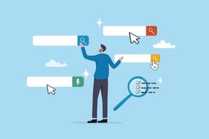 Search or discover new information, find new job or career available, research and analyze information, SEO website optimization, searching concept, businessman search new job on virtual search box. vector