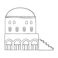 Arabic house with dome, stairs and columns flat illustration in black and white. Simple line art of traditional Islamic Middle East architecture vector