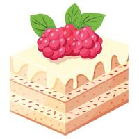A white cake with raspberry berries on top. The cake is decorated with a leafy garnish vector