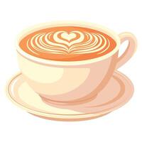 A white coffee cup with cappuccino stands on a white saucer. The cup is filled with aromatic creamy drink. The heart-shaped foam adds a touch of warmth and tenderness. vector