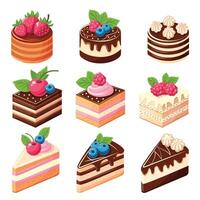 Set of nine different types of cakes with berries on top. Chocolate, vanilla and honey cakes covered with white icing, cream and chocolate. vector