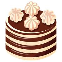 Chocolate cake with whipped cream. The cake is decorated with four small meringue flowers. vector