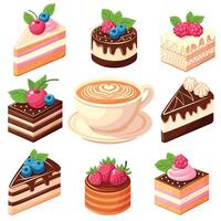 A set of nine different types of cakes and a cup of coffee. The cakes are arranged in a row, with some of them having blueberries and strawberries on top vector