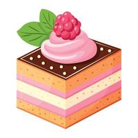 Piece of cake with raspberry filling and green leaf. The cake is cut into squares and covered with chocolate icing. vector