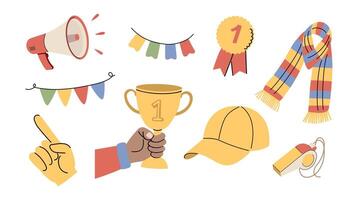 Soccer fans elements. A cap, a megaphone, festival flags, a fan glove, a scarf, a cup and a gold medal. vector