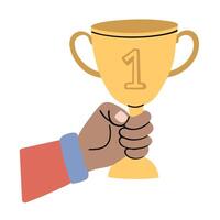 Hand holding a golden trophy cup with number one illustration graphic design vector