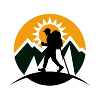 A silhouette of a hiker with a backpack and walking stick is set against a backdrop of snow capped mountains and a rising png
