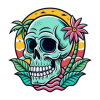 A skull with a teal hue is centered within a tropical scene, featuring palm trees, green leaves, and a pink flower against a sunset background png
