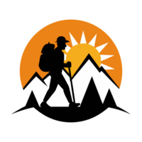 A silhouette of a hiker with a backpack and walking stick is set against a backdrop of snow capped mountains and a rising png