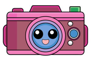A purple camera with a smiling face and big, shiny eyes png