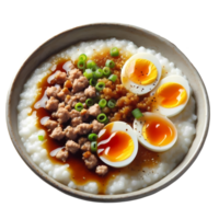 Delicious Minced Pork Congee Topped with Soft-Boiled Egg png