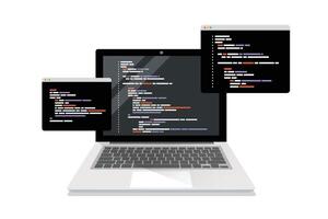 coding symbols and programming windows on laptop screen. vector