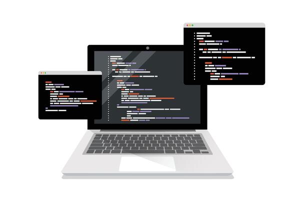 coding symbols and programming windows on laptop screen.