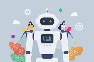 People control android robot on robots shoulder. vector