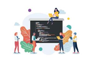 Software developers coding together. programmer working writing code vector