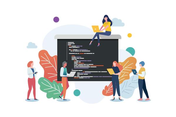 Software developers coding together. programmer working writing code