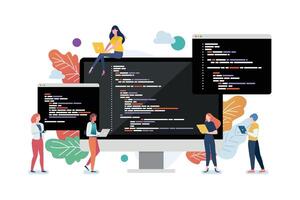 People with coding on computer screen vector