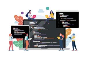 People with coding on laptop screen. Concept of computer programming or developing software or game. vector