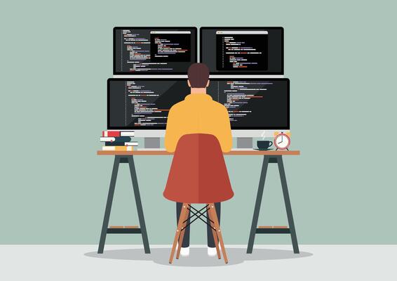 Programmer working writing code on computer. illustration