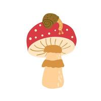 Fly agaric with snail on a cap isolated on white background. hand drawn illustration vector