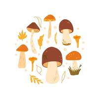 Mushrooms circular emblem isolated on white background. hand drawn flat illustration vector
